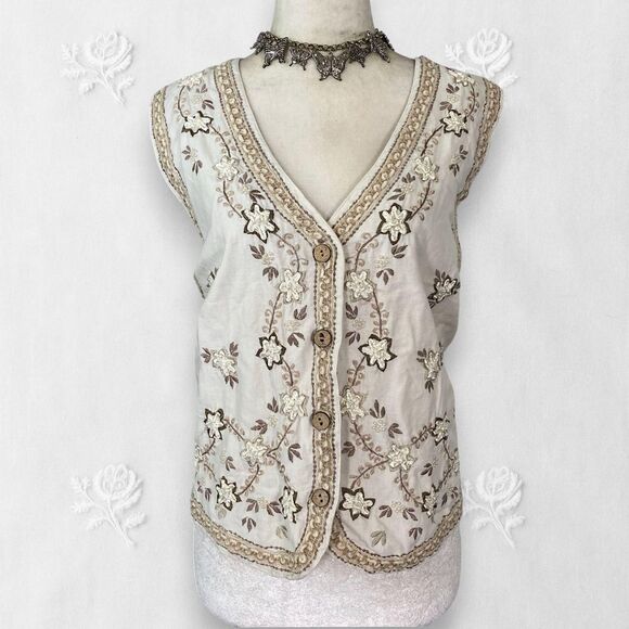 Paul Harris Design Off White Cream Whimsical Coquette Flower Linen Vest Top L - Picture 1 of 7